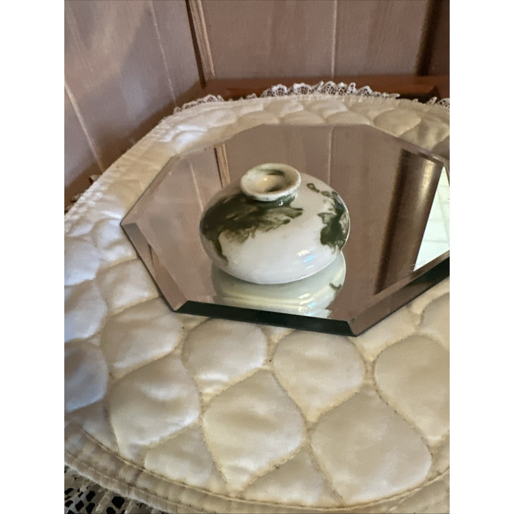 Vintage MCM Stoneware Small Squat Ceramic Pottery Green Motled Signed RA